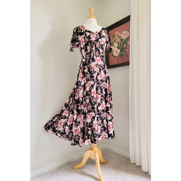 90s Black Floral Bias Cut 1990s Vintage Rayon Gauze V Neck Midi Dress - Picture 7 of 14
